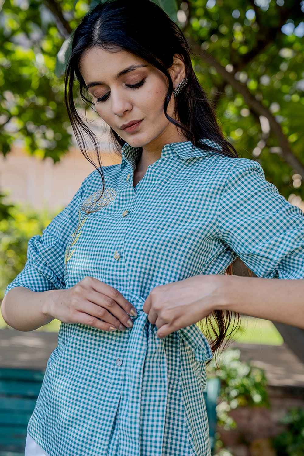 Turquoise Checkered Print Pure Cotton Top