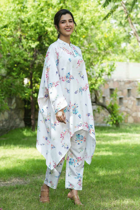 White Floral Print Silk Co-Ord Sets