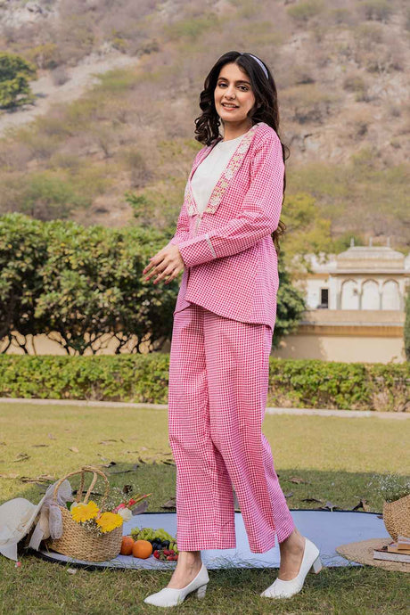 Pink Embroidered Cotton Co-Ord Sets