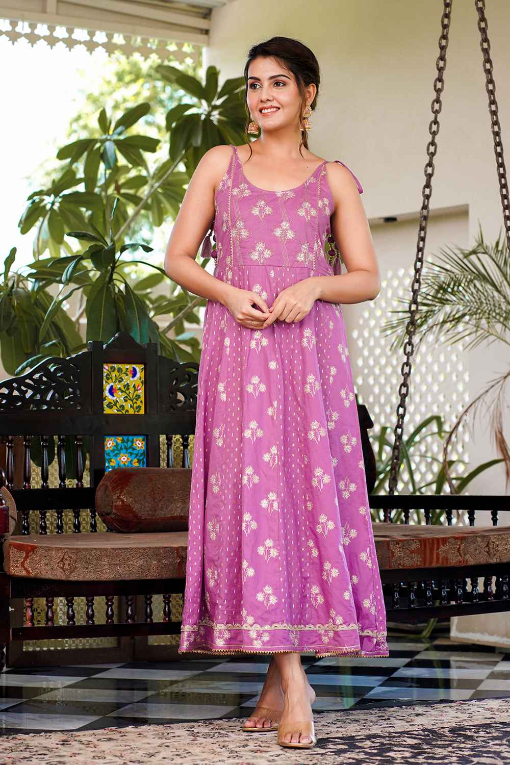 Violet Floral Print Pure Cotton Anarkali Dress