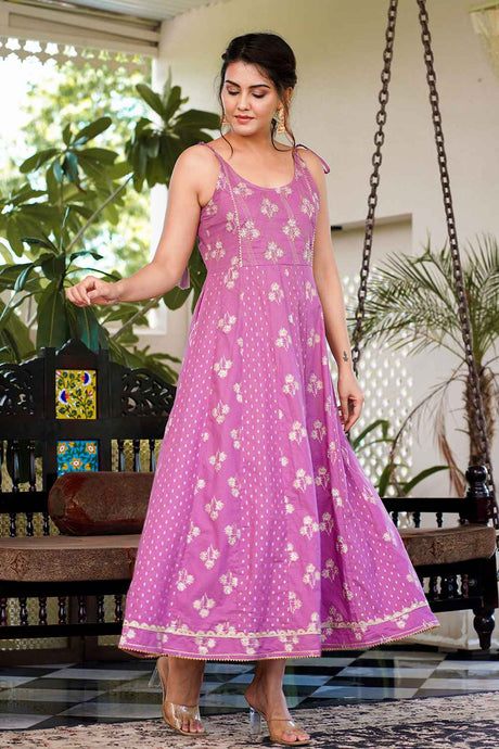 Violet Floral Print Pure Cotton Anarkali Dress