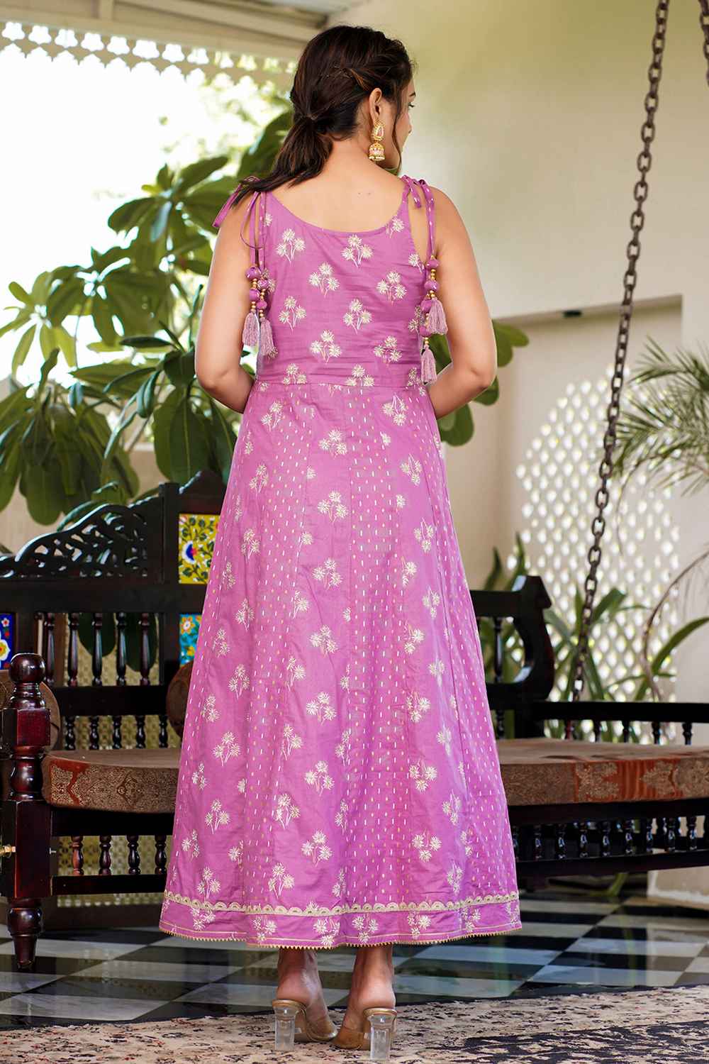 Violet Floral Print Pure Cotton Anarkali Dress