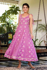 Violet Floral Print Pure Cotton Anarkali Dress