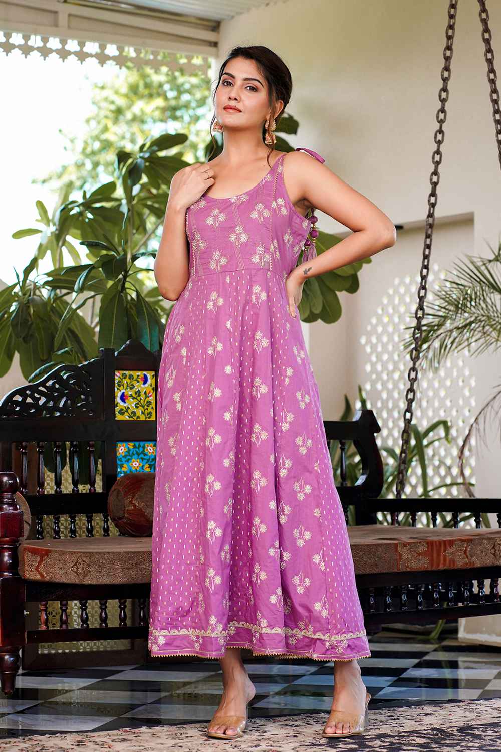 Violet Floral Print Pure Cotton Anarkali Dress