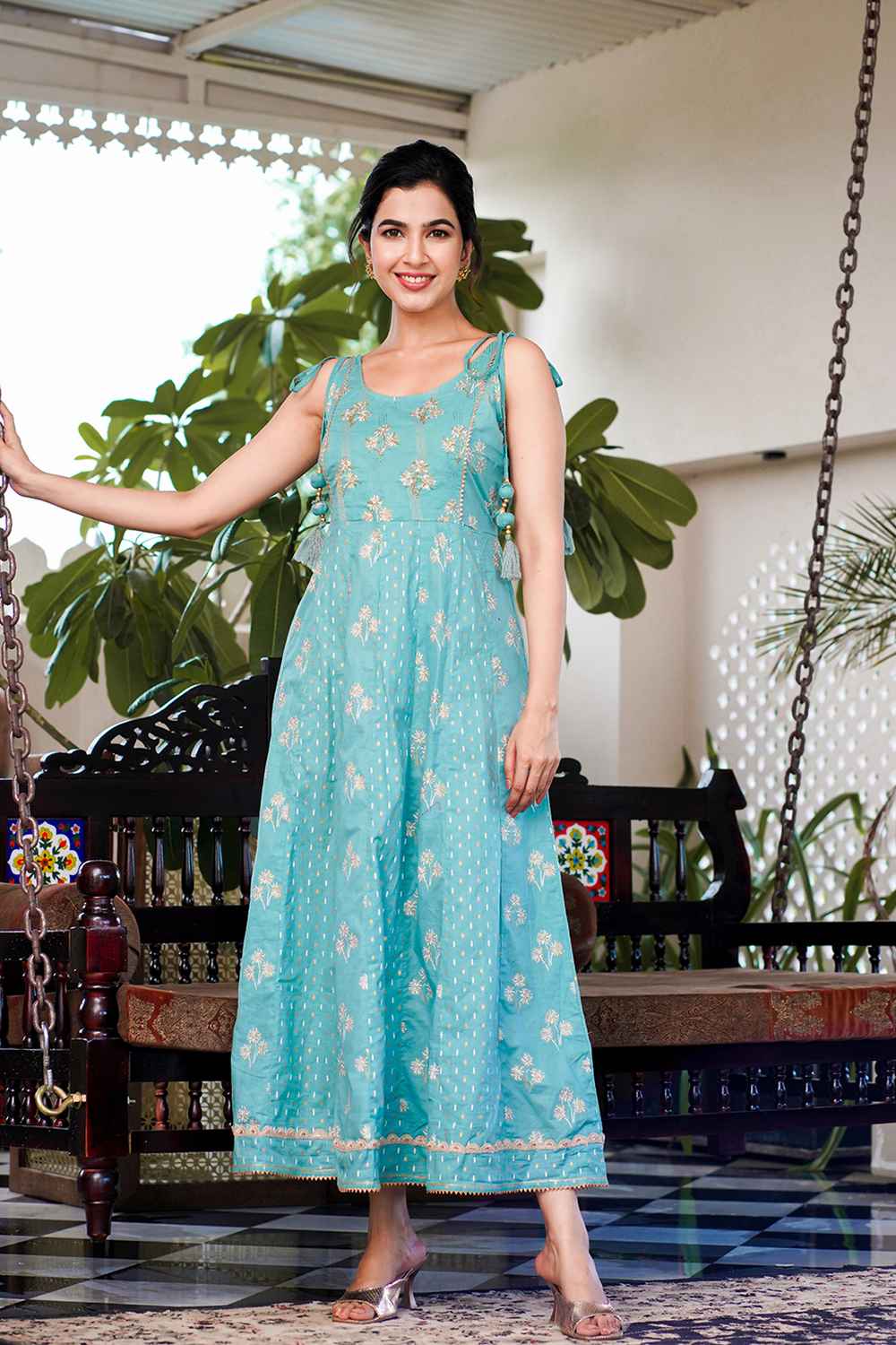 Turquoise Floral Print Pure Cotton Anarkali Dress