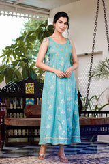 Turquoise Floral Print Pure Cotton Anarkali Dress