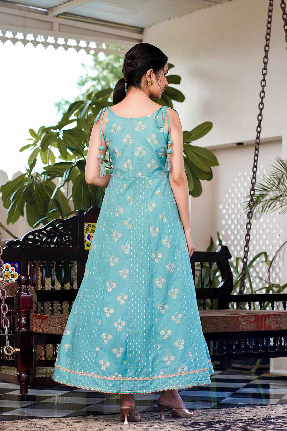 Turquoise Floral Print Pure Cotton Anarkali Dress