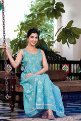 Turquoise Floral Print Pure Cotton Anarkali Dress