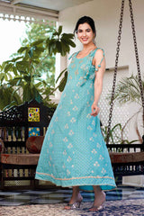 Turquoise Floral Print Pure Cotton Anarkali Dress