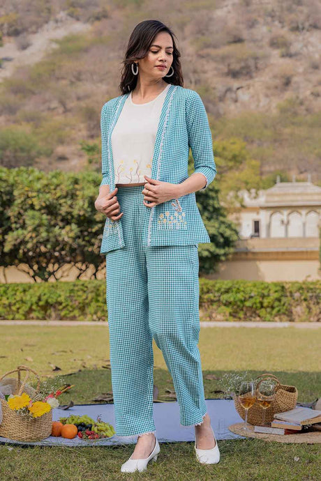 Turquoise Embroidered Cotton Co-Ord Sets