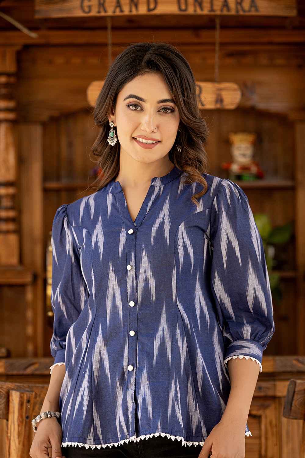 Blue Ikat Print Lace Work Pure Cotton Top