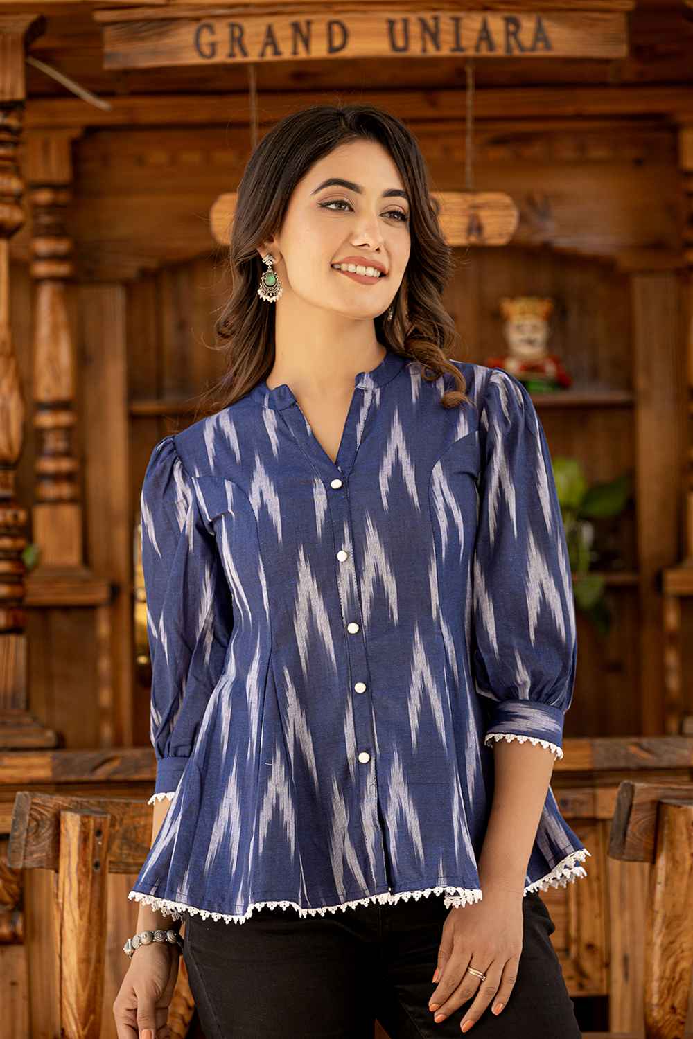 Blue Ikat Print Lace Work Pure Cotton Top