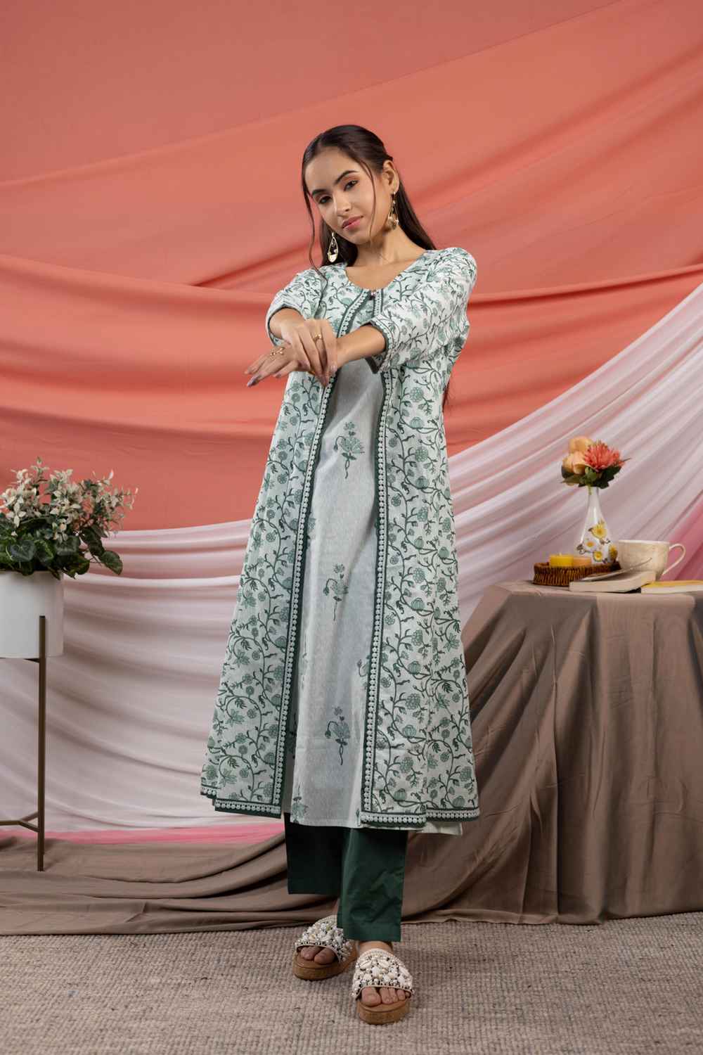 Green Floral Print Lace Work Pure Cotton Kurti Set