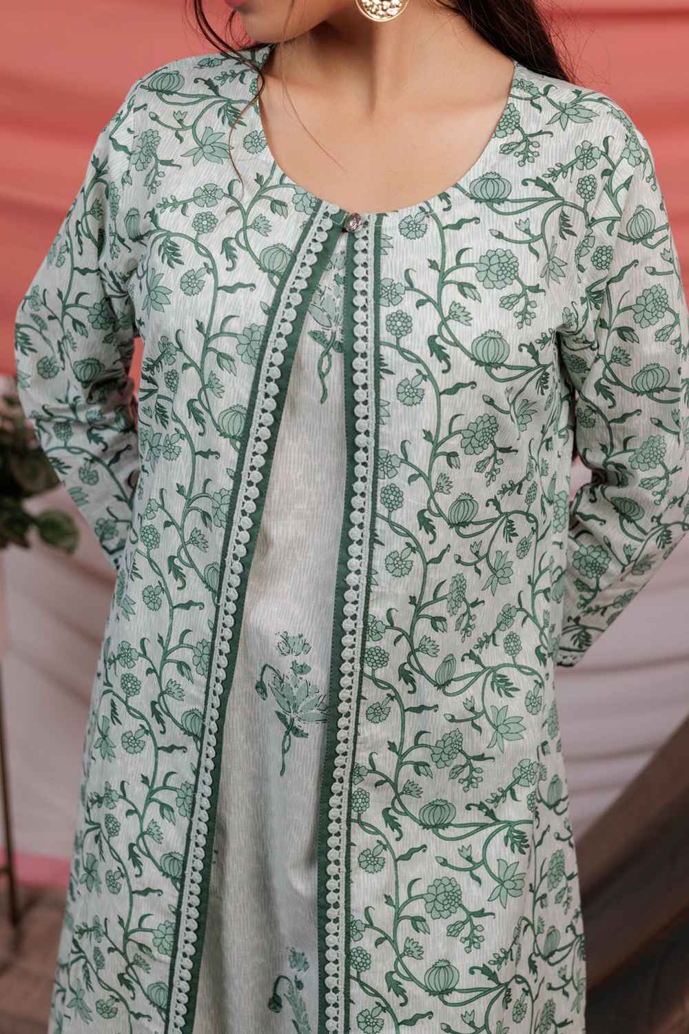 Green Floral Print Lace Work Pure Cotton Kurti Set