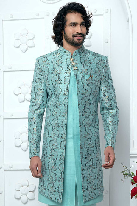Teal Jacquard Silk Embroidered 3 Piece Indo Set