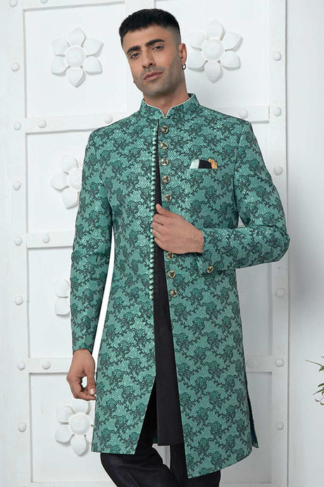Green Jacquard Silk Embroidered 3 Piece Indo Set