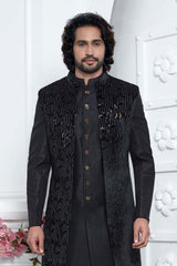 Black Velvet Silk Thread Work 3 Pcs Jacket Set