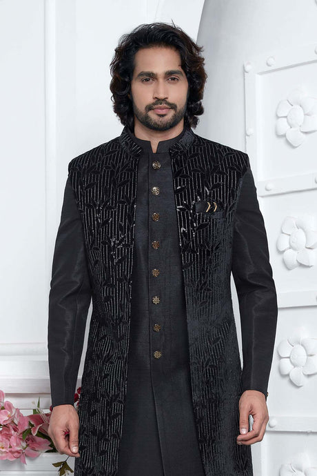 Black Velvet Silk Thread Work 3 Pcs Jacket Set