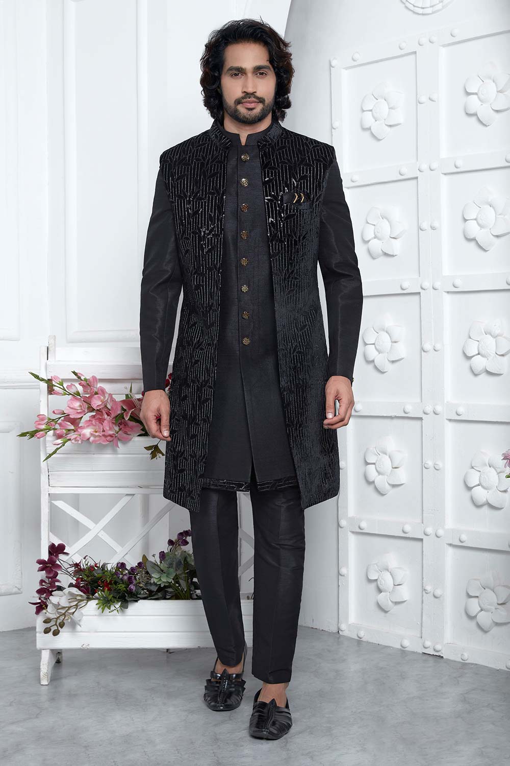 Black Velvet Silk Thread Work 3 Pcs Jacket Set