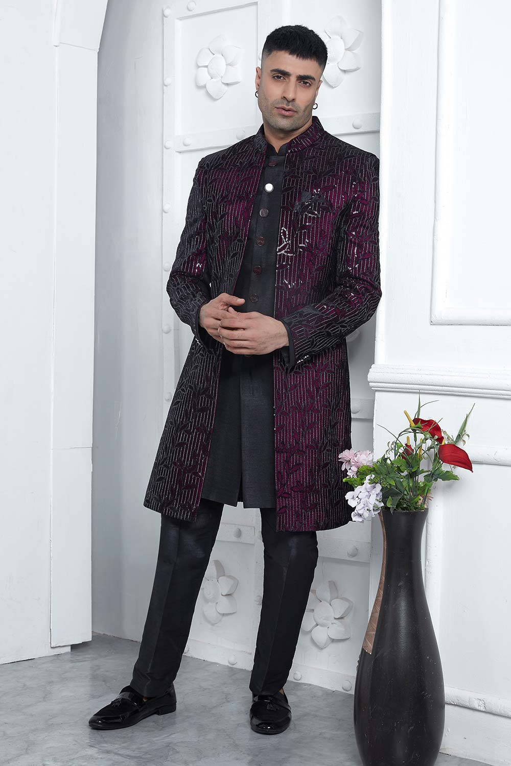 Wine Velvet Silk Thread Work 3 Pcs Jacket Set