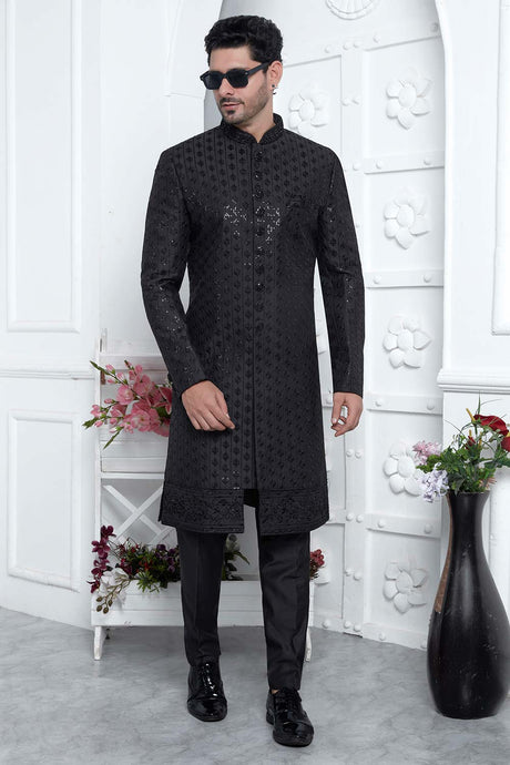 Black Art Silk Embroidered Sherwani Set