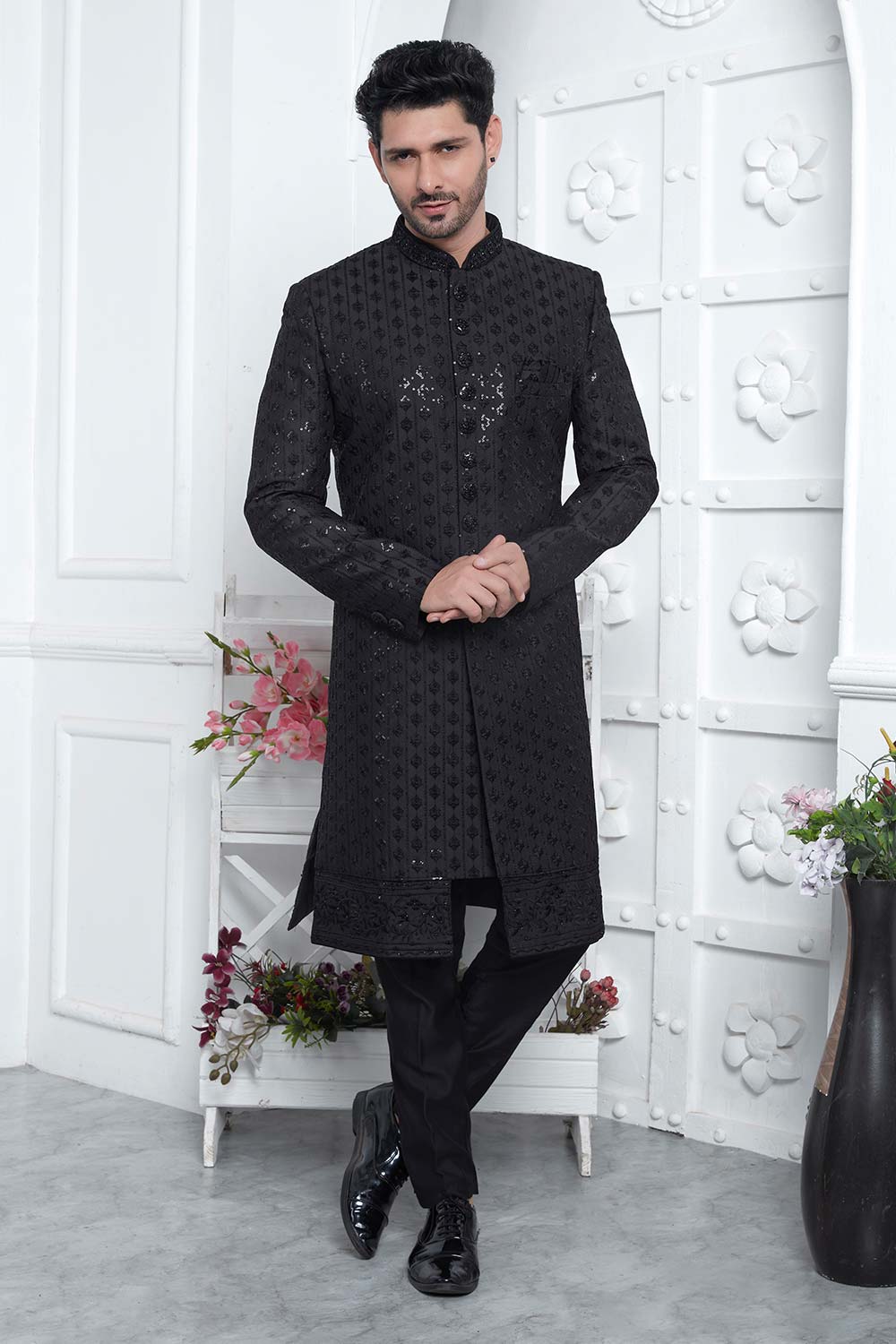 Black Art Silk Embroidered Sherwani Set