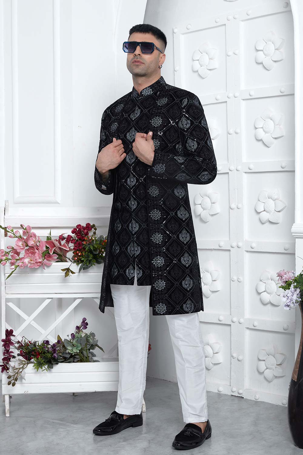 Black Velvet Silk Thread Work 3 Pcs Jacket Set