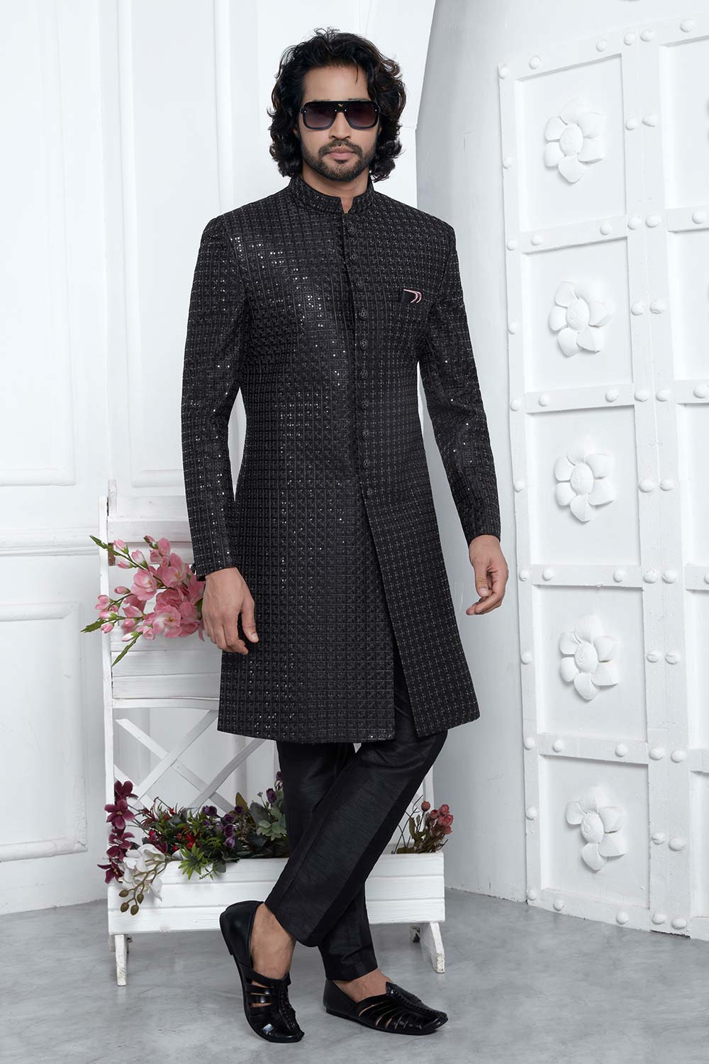 Black Art Silk Thread Work Sherwani Set