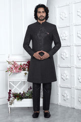 Black Art Silk Thread Work Sherwani Set