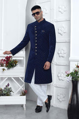 Blue Velvet Silk Thread Work Sherwani Set