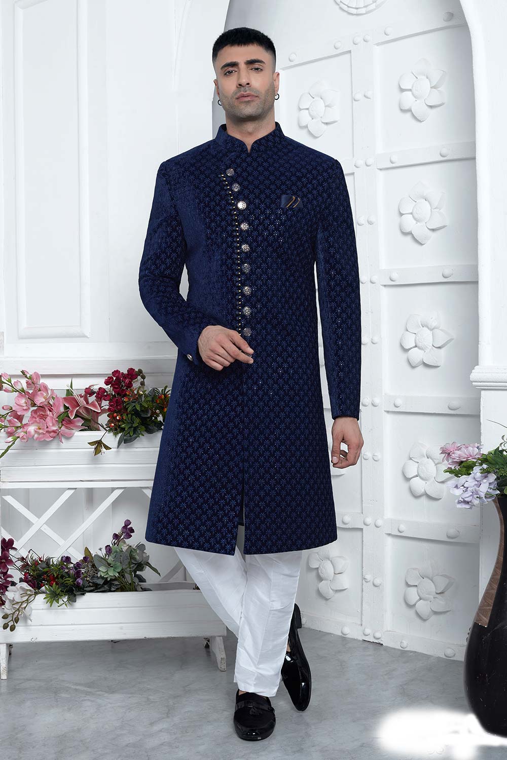 Blue Velvet Silk Thread Work Sherwani Set