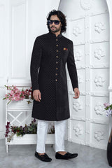 Black Velvet Silk Thread Work Sherwani Set