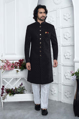 Black Velvet Silk Thread Work Sherwani Set