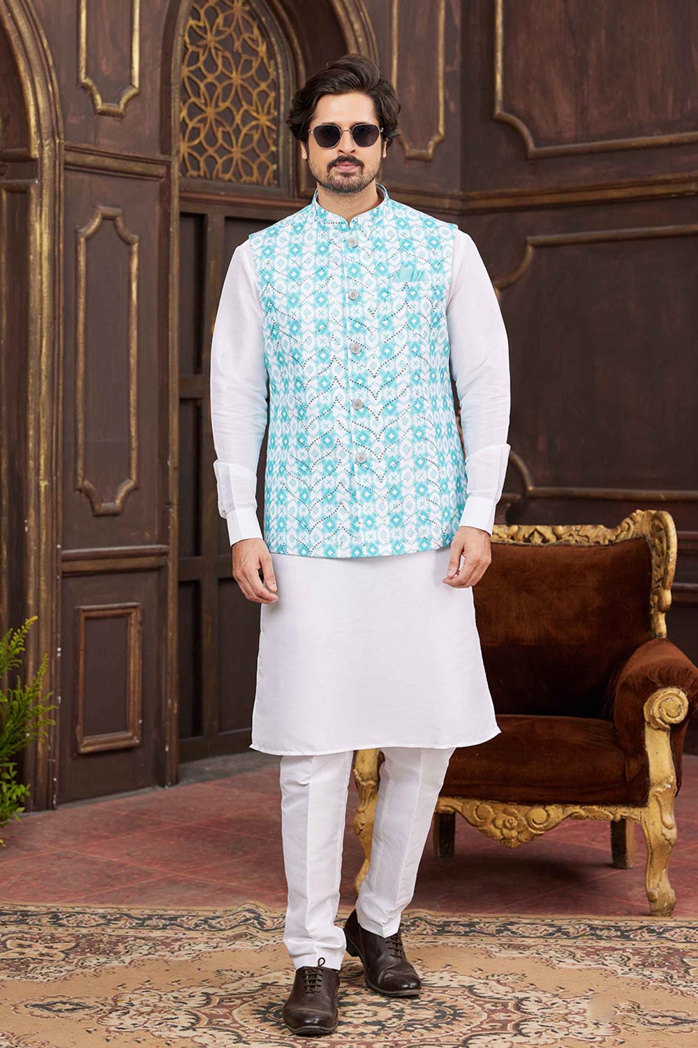 Blue Art Silk Printed Nehru Jacket