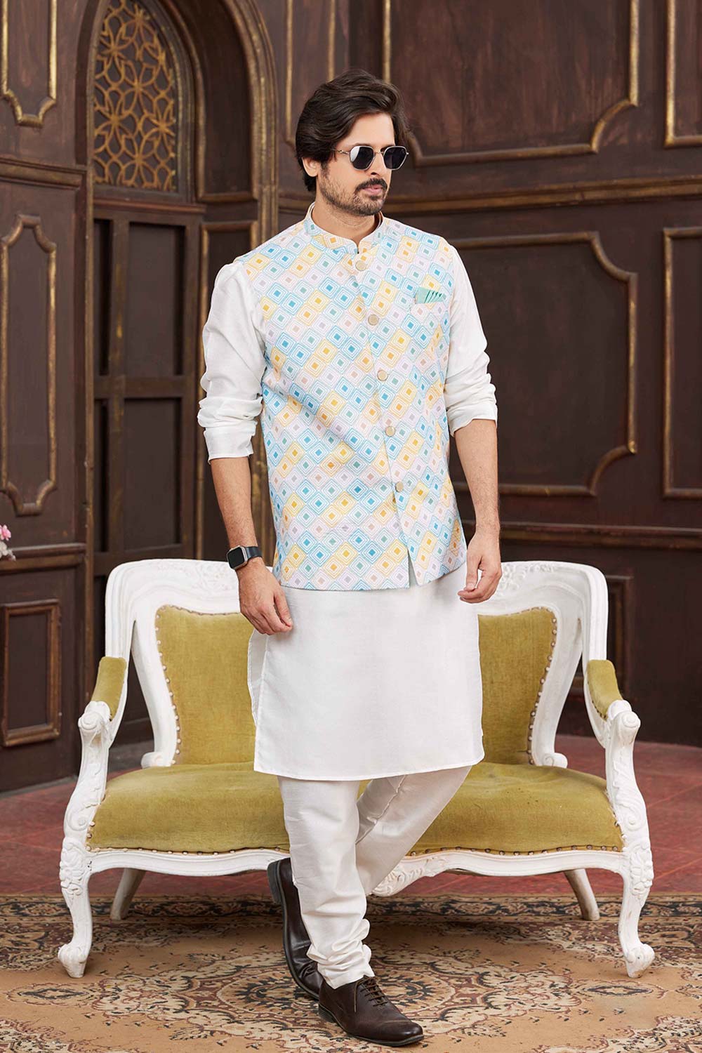 Multi Color Art Silk Printed Nehru Jacket