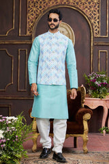 Blue Art Silk Printed Nehru Jacket