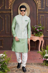 Green Art Silk Printed Nehru Jacket