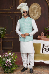 Green Art Silk Printed Nehru Jacket