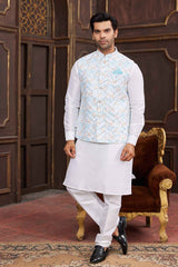 Blue Art Silk Printed Nehru Jacket