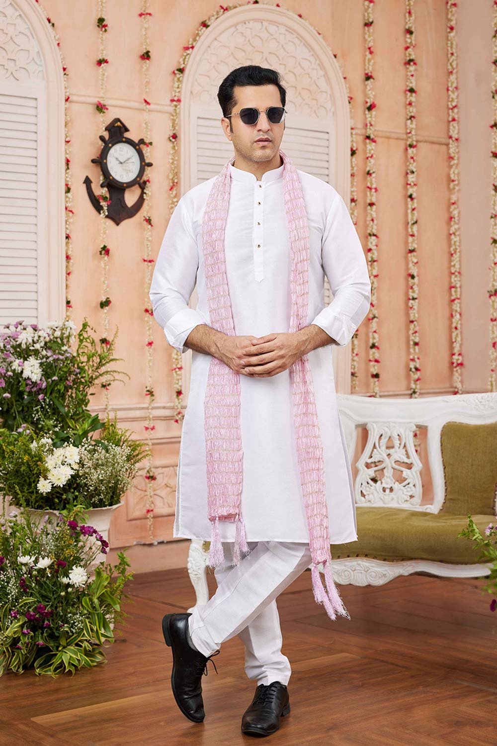 White Art Silk Solid Kurta Pajama Set