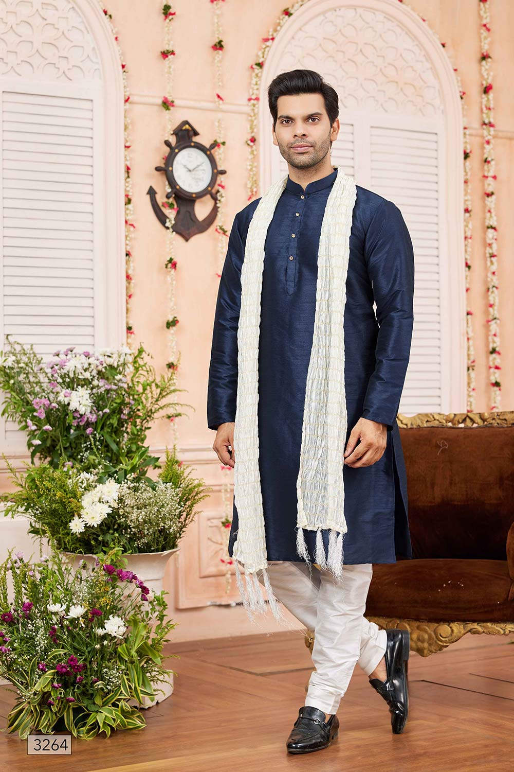 Navy Blue Art Silk Solid Kurta Pajama Set