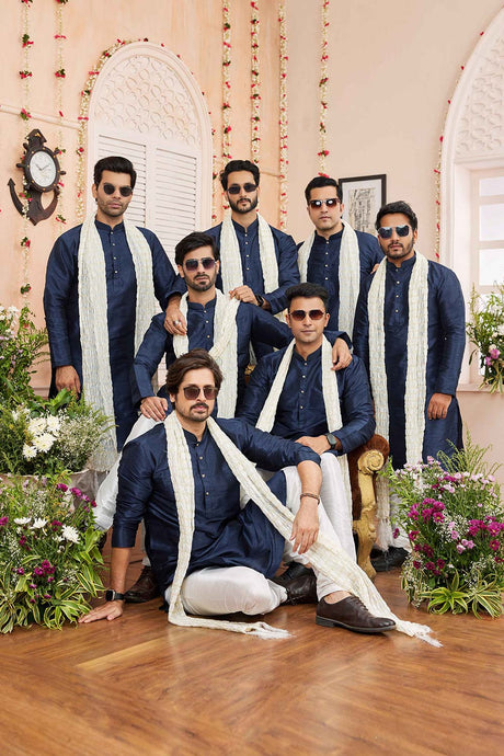 Navy Blue Art Silk Solid Kurta Pajama Set