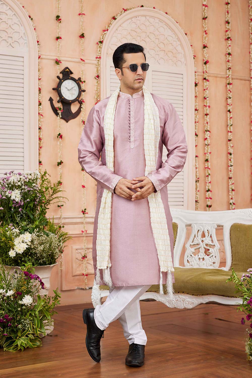 Mauve Art Silk Patch Work Kurta Pajama Set