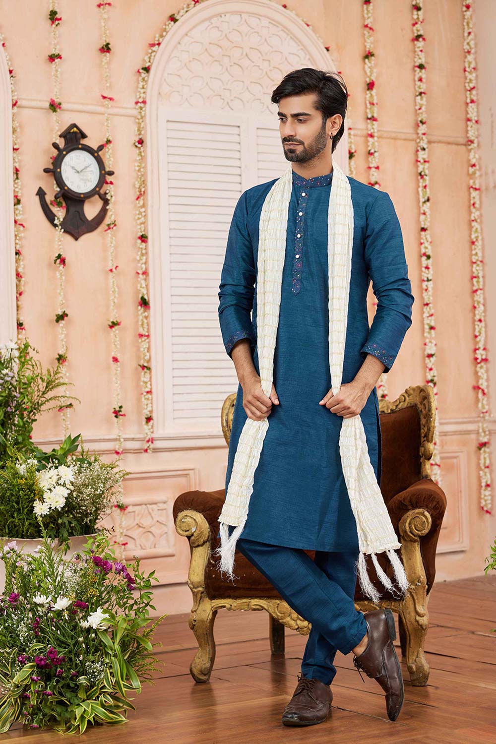 Blue Art Silk Patch Work Kurta Pajama Set