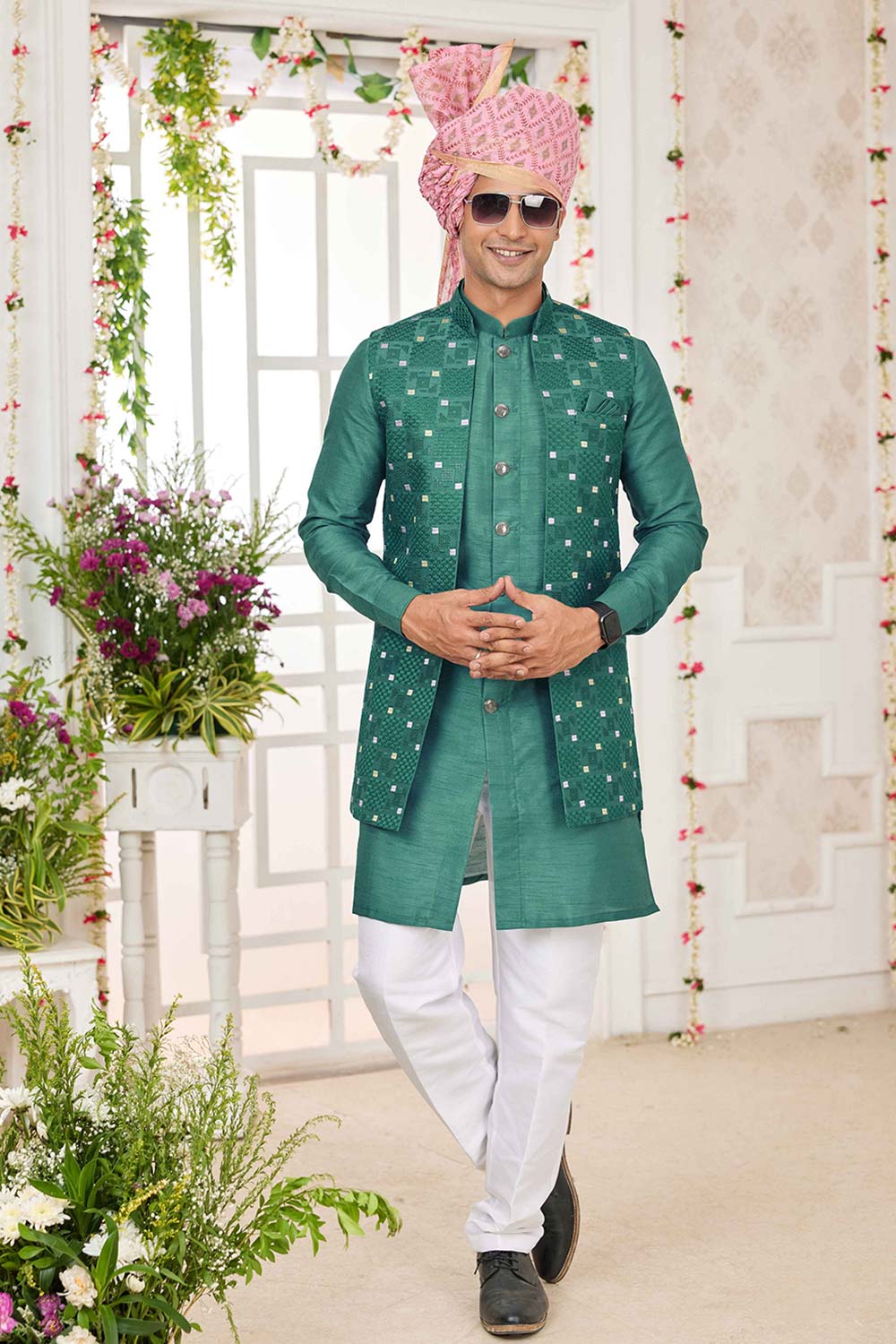 Green Art Silk Embroidered 3 Pcs Jacket Set