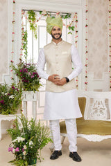 Beige Art Silk Embroidered Nehru Jacket