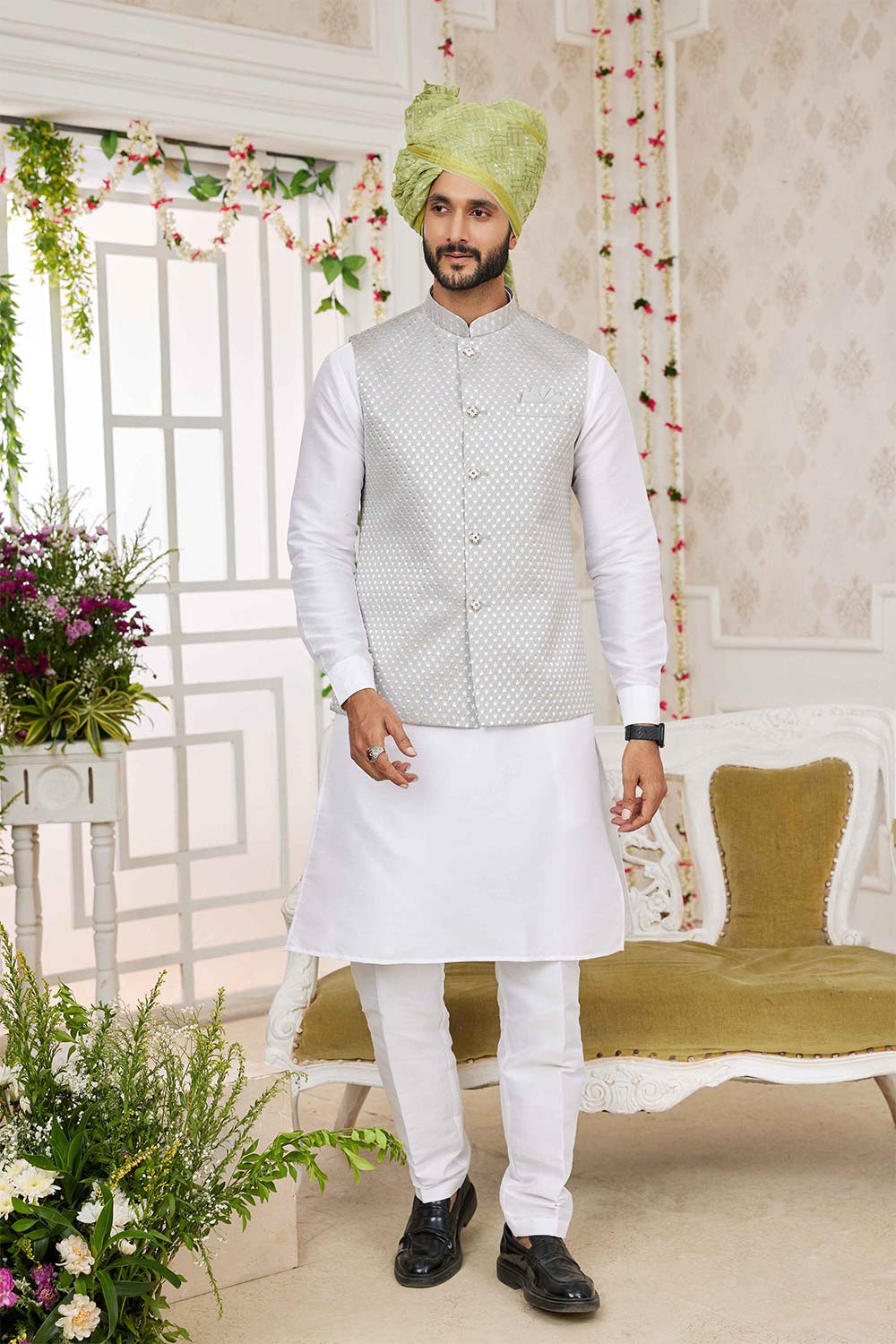 Grey Art Silk Embroidered Nehru Jacket