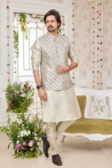 Beige Art Silk Embroidered Nehru Jacket