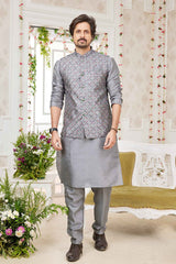 Grey Art Silk Embroidered Nehru Jacket