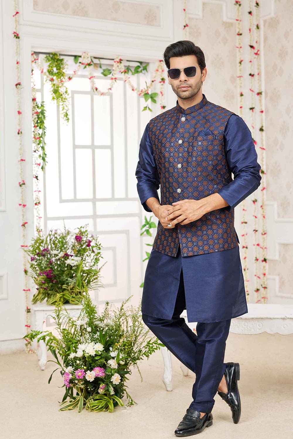 Navy Blue Art Silk Embroidered 3 Pcs Jacket Set